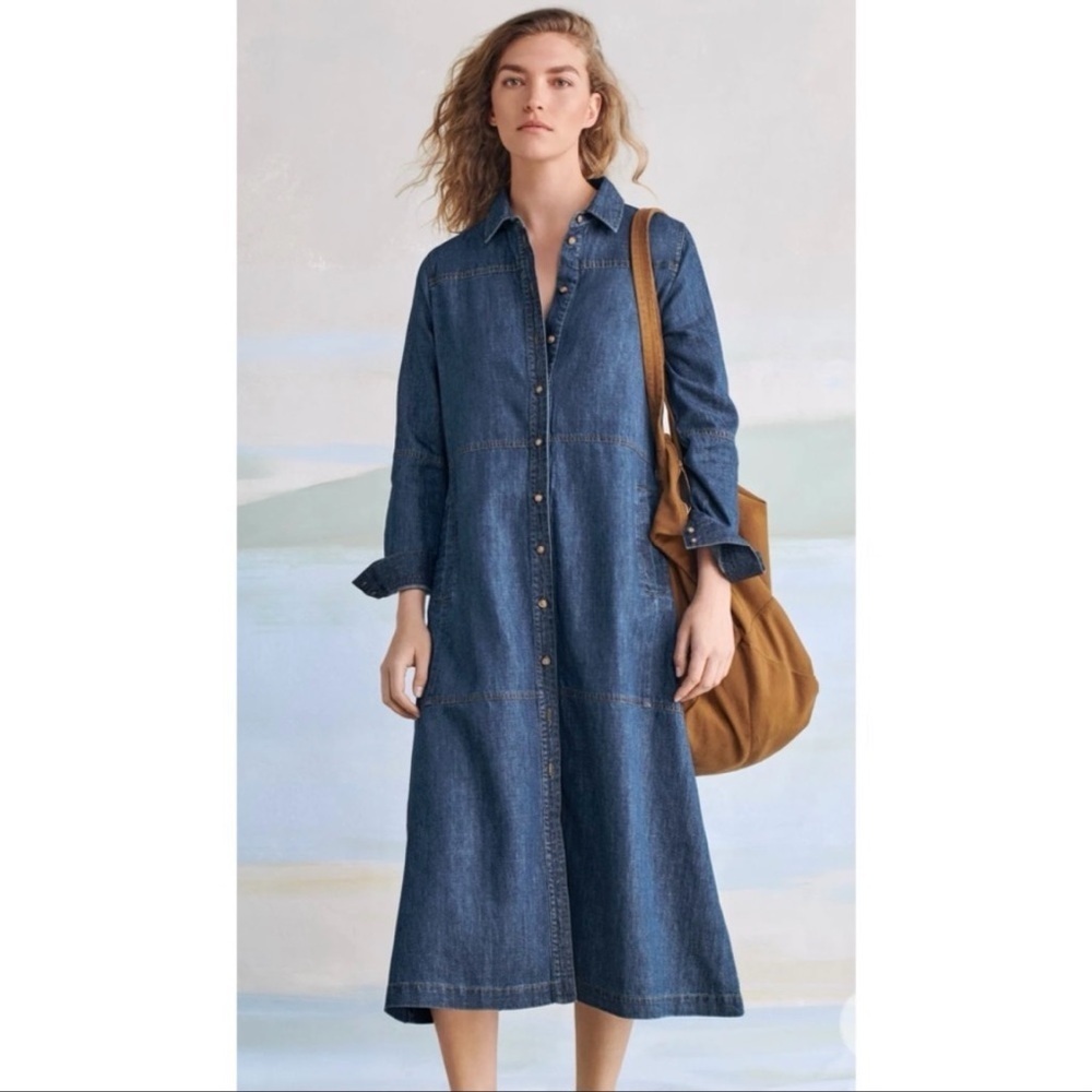 Poetry Denim Dress Midi Tiered Button Front Hemp Cotton Indigo Dark Wash XL 14